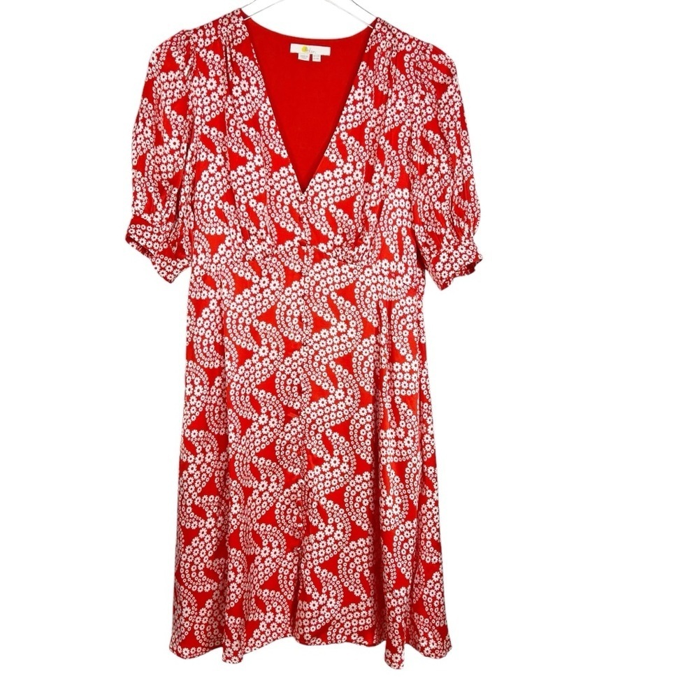 BODEN Red and White Micro Floral Satin Tea Dress Size 8